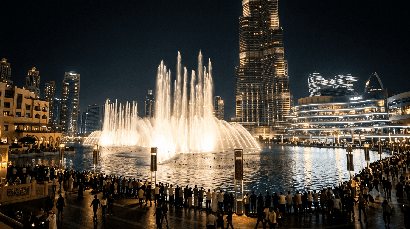 Dubai Fountain illuminated at night with Burj Khalifa in the background and crowds watching from the promenade