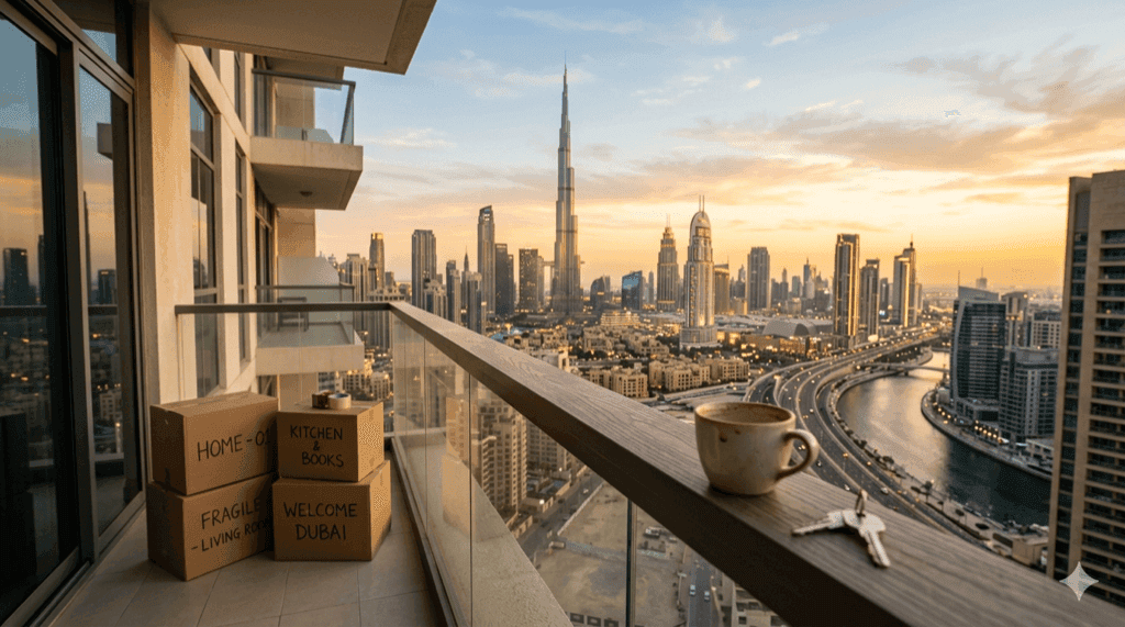 Dubai skyline at golden hour seen from a residential balcony with moving boxes in the foreground