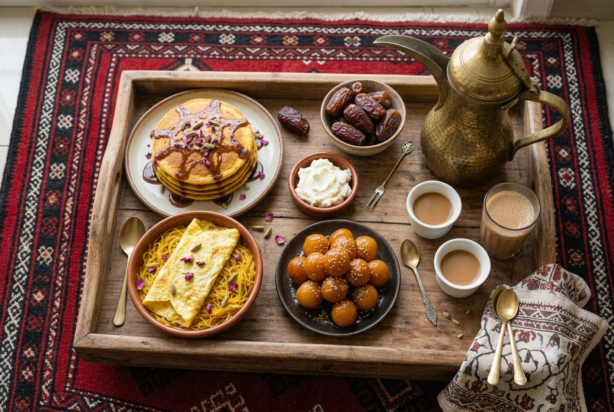 A traditional Emirati breakfast of chebab pancakes, balaleet, luqaimat, date syrup and karak tea with a brass dallah coffee pot