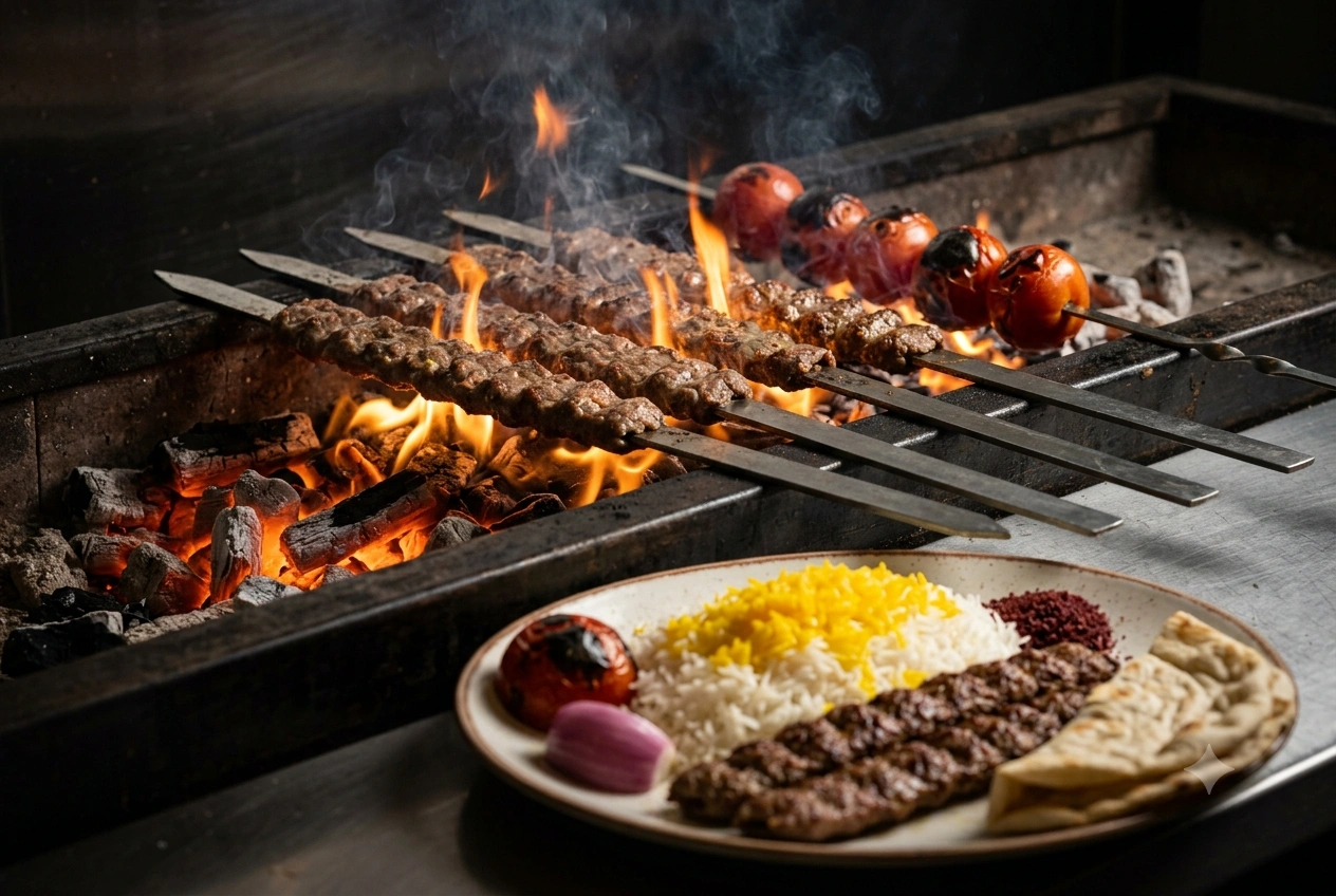Minced lamb koobideh kebabs on wide skewers cooking over glowing charcoal, served with saffron rice and grilled tomatoes