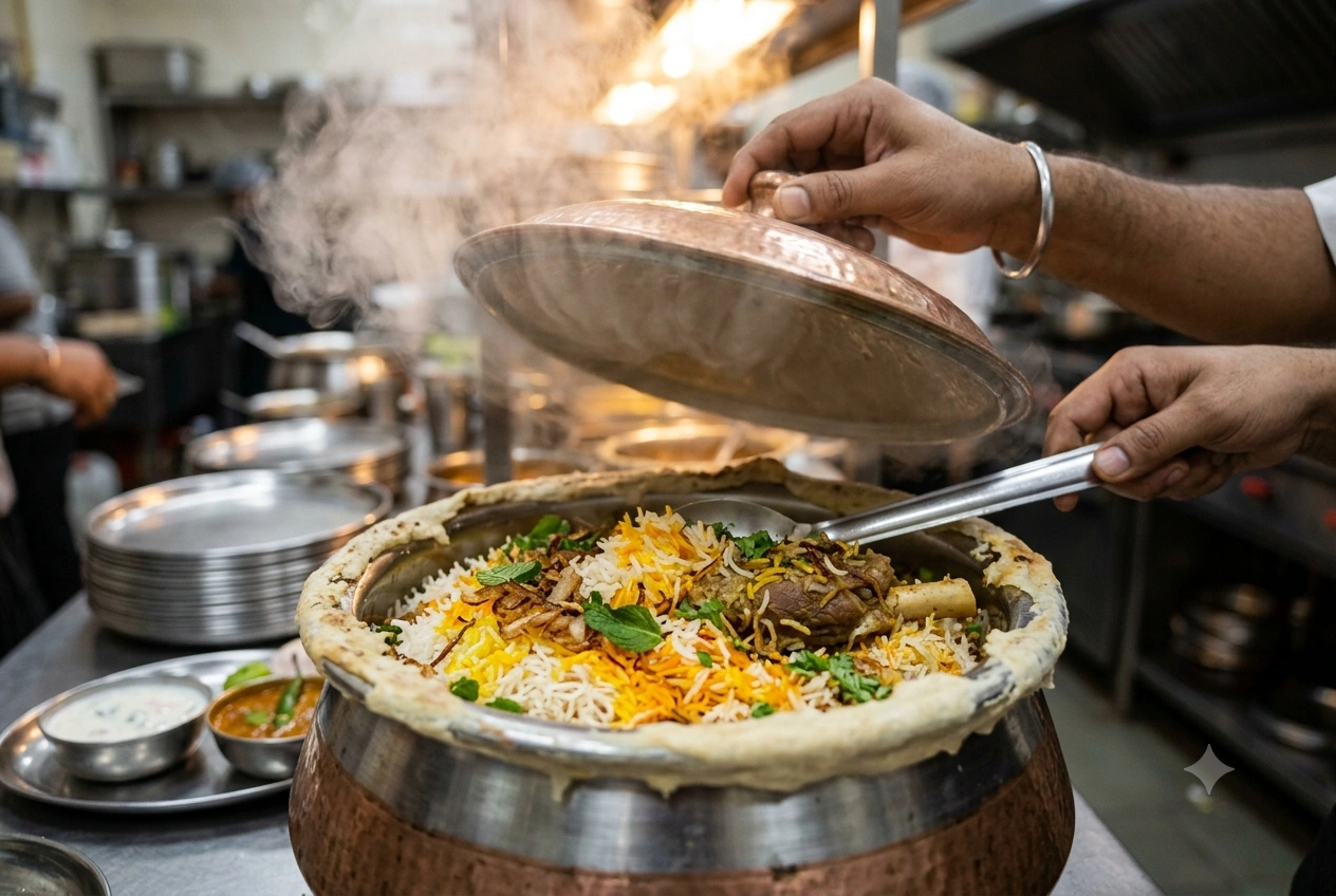 A large dum biryani pot being opened, releasing steam over saffron-streaked rice and tender mutton