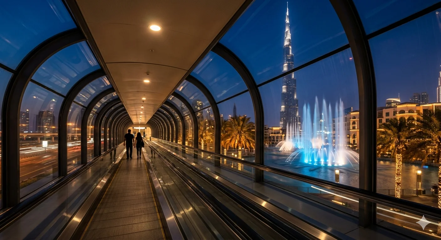 View from the Dubai Metro Burj Khalifa station walkway looking toward the illuminated Burj Khalifa and the Dubai Fountain mid-show at night