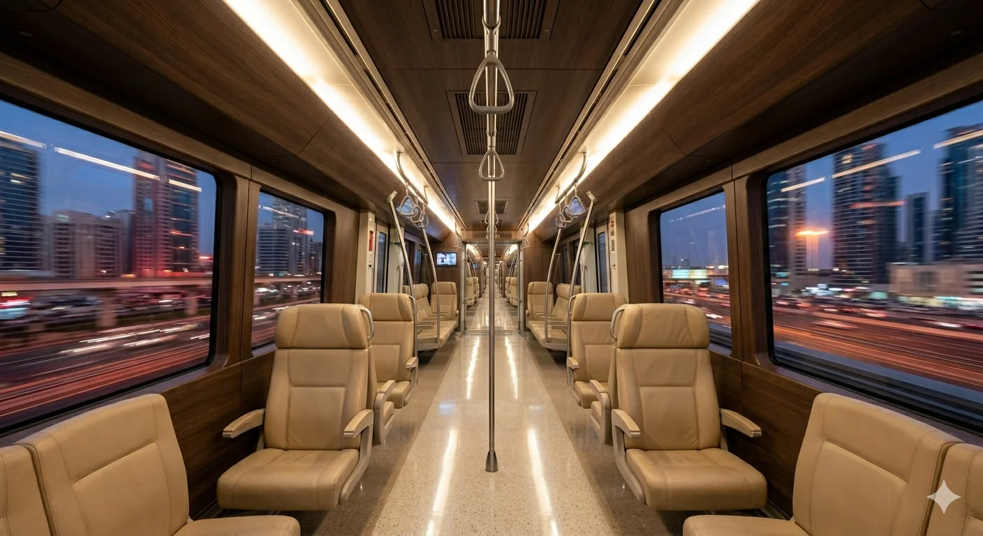 Interior of an empty Dubai Metro Gold Class carriage with premium beige leather seats and warm cove lighting