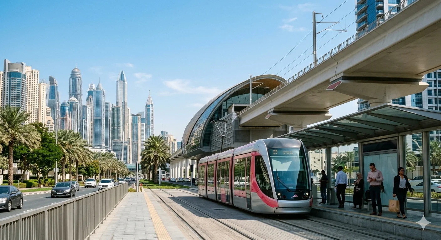 The Dubai Tram in pink and silver livery arriving at an elevated platform with the Dubai Metro track visible overhead and the Marina skyline behind