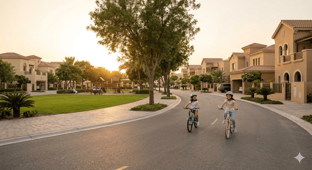 Arabian Ranches villa street at sunset with a tree-lined road, children cycling, and a community park visible in the background