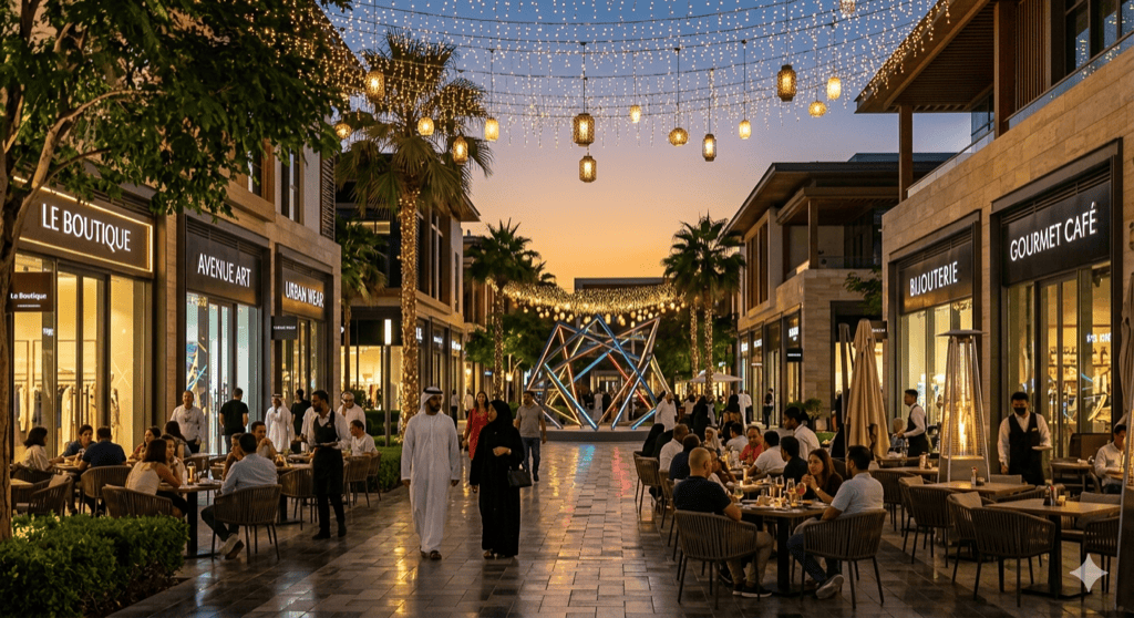City Walk outdoor pedestrian boulevard with designer boutiques, art installations, and people dining al fresco under string lights at dusk