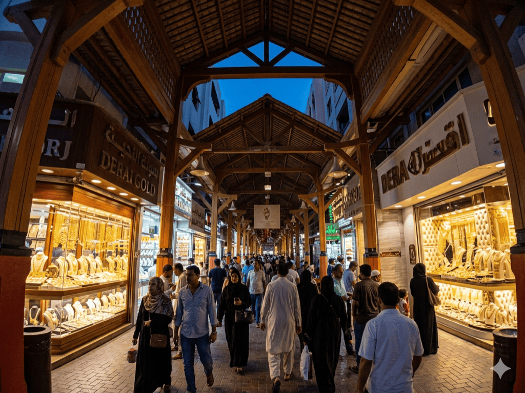 Deira Gold Souk entrance at evening with warm golden light spilling from shop windows onto the narrow covered walkway, shoppers browsing displays