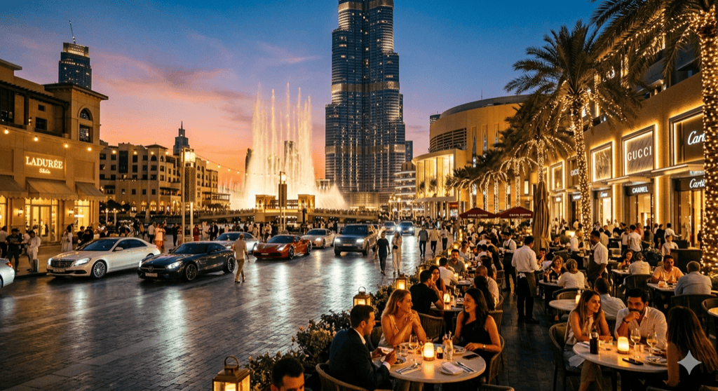 Downtown Dubai boulevard at dusk with the Burj Khalifa illuminated, outdoor cafés filled with people, and the Dubai Fountain mid-show in the background