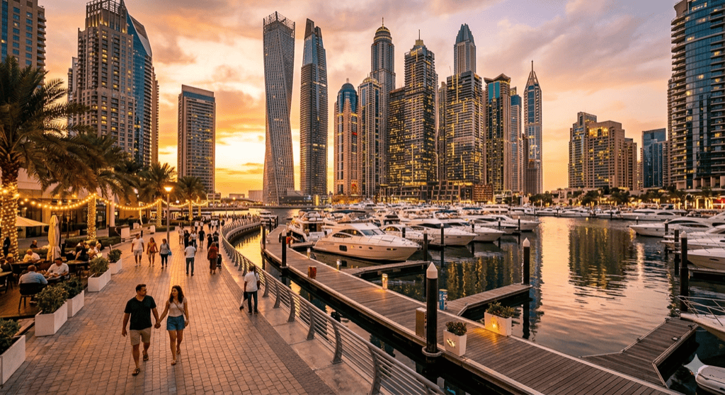 Dubai Marina waterfront at sunset showing the yacht-lined promenade with illuminated towers reflecting in the water