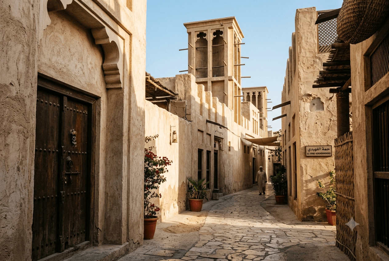 Al Fahidi Historical Neighbourhood winding alleys with wind towers