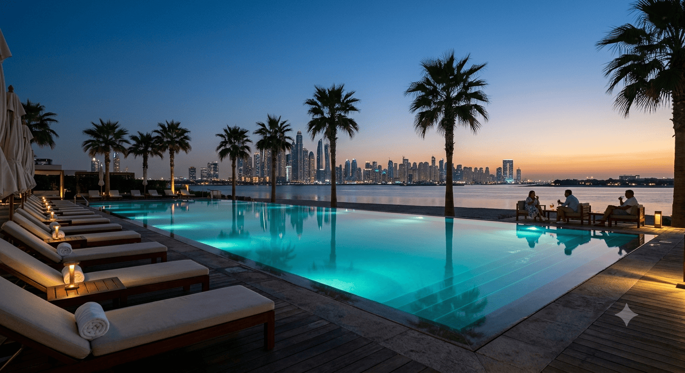 A hotel pool at dusk with loungers, palm trees and the Dubai skyline lit up behind